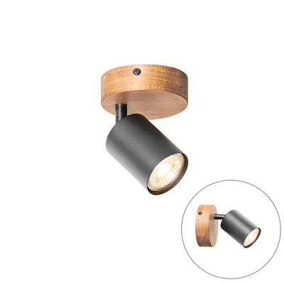 Produktbild von QAZQA - Industrie I Vintage I Industriespot schwarz mit Holz neigbar - Jeana I Wohnzimmer I Schlafzimmer - Stahl Rund - LED geeignet GU10