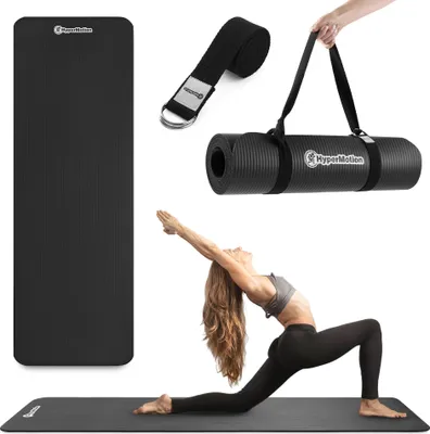 Obrázek produktu pro HyperMotion Jóga podložka NBR 183x61x0,8 cm černá – 8 mm protiskluzová fitness podložka s popruhem na přenášení a jógu, gymnastická podložka pro jógu, pilates a cvičení