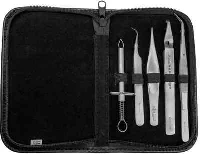 Produktbild von 5-tlg. Edelstahl Zeckenentferner Set & Splitterpinzette | Universal Pinzetten