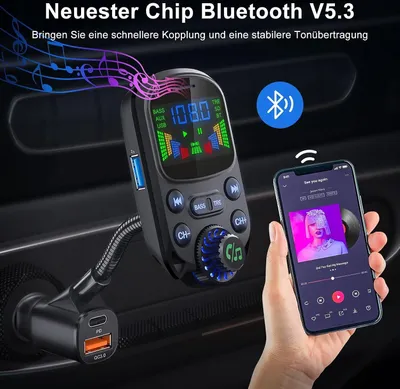 Produktbild von Bluetooth 5.3 FM Transmitter für Auto – Bluetooth Adapter mit QC3.0 & PD3.0 30W Dual USB Ladegerät, Freisprecheinrichtung, Unterstützung für U Disk, TF Karte, AUX