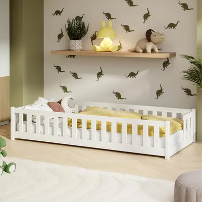 Produktbild von Kids Collective Kinderbett Bodenbett mit Rausfallschutz & Lattenrost Montessori Bett Bed Gitterbett Kinder Jugendbett Einzelbett | 90x200 cm | Weiß