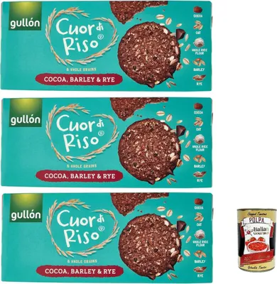 Produktbild von Gullón Cuor di Riso e Cereali Integrali Cacao, Orzo & Segale, kekse mit Kakao, Gerste und Roggen 3x 250 g + Italian Gourmet polpa 400g