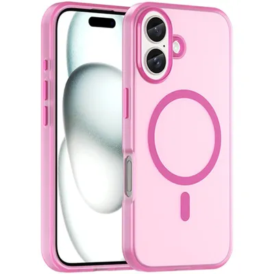A pink iPhone case with a MagSafe ring is shown against a white background.