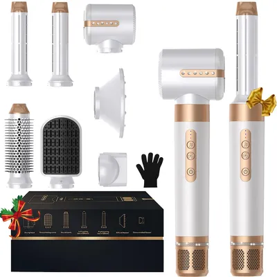 Produktbild von UKLISS 7-in-1-Haarstyler, 1400 W, 110.000 U/min, mit Diffusor, Rundbürste, Luftlockenstab, Glättbürste, Weiß