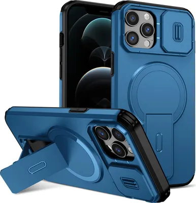 Image de Étui magnétique pour iPhone 12 Pro Max, étui durable à deux couches avec protection coulissante de l'appareil photo et support réglable Bleu
