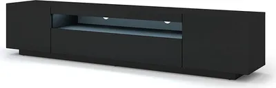 A black TV stand with LED lighting, shown from a slight angle against a white background.