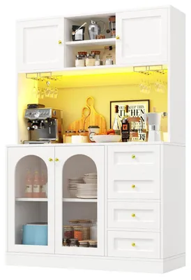 Obrázok produktu pre Skriňa do kuchyne, úložná skriňa, bufetová skriňa s LED osvetlením, 4 dvierka, komoda, 120x40x188 cm, biela