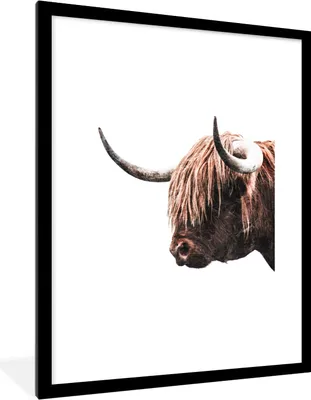 Produktbild von MuchoWow® Gerahmtes Poster Schottischer Highlander - Horn - Weiß 60x80 cm - Poster mit Schwarzem Bilderrahmen Wandposter Rahmen Foto Bilder - Wohnzimmer - Dekorationen - Prämie