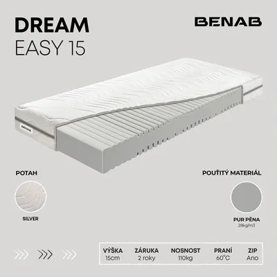 Obrázek produktu pro Pěnová matrace Benab Dream Easy 15 Matrace 90 x 195 cm H3 tvrdost 15 cm výška Pěnové matrace, Silver, PUR, 7 zón, Profilace