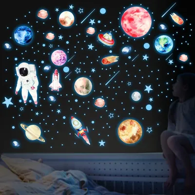 Immagine prodotto di Adesivi luminosi per pareti a forma di stelle, lune, astronauti e pianeti, confezione da 849 pezzi, ideali per la cameretta dei bambini