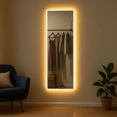 A full-length mirror with LED lighting is shown in a room with a chair and a plant.