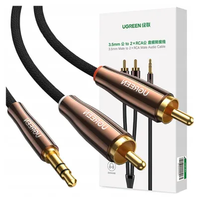 A product shot of a UGREEN audio cable with its packaging in the background.