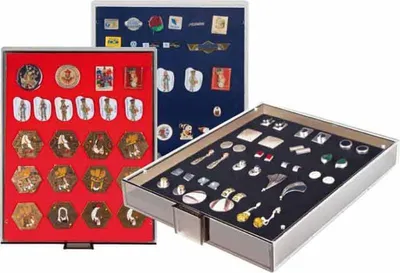 Produktbild von Lindner 2418 Sammelboxen für PINs / Orden / Abzeichen-Grau / schwarze Einlage