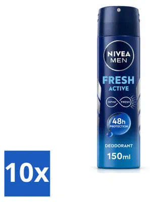Imagen del producto de 10 aerosoles desodorantes NIVEA MEN Fresh Active, 150 ml cada uno. Paquete económico de 10 unidades