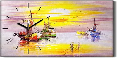 Produktbild von Wanduhr Uhr Wandbild Leinwand 60x30 Wasser Meer Segel Boot Sonnenaufgang - schwarze Hände