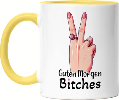 Produktbild von Guten Morgen Bitches Frauenhand Peace Zeichen Tasse Gelb - Lustige Frauenpower
