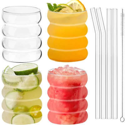 4 geriffelte Trinkgläser 350 ml mit Glasstrohhalmen