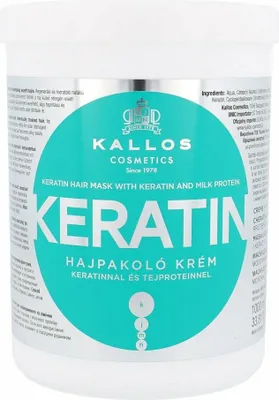 A white tub of Kallos Keratin Hair Mask with a teal label.