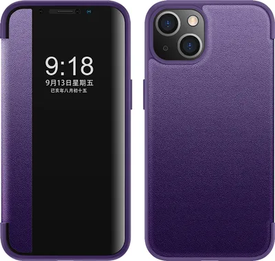Image de Étui pour iPhone 13 étui fin à rabat en cuirPolyuréthaneavec fenêtre d'affichage Violet