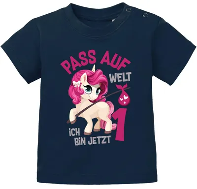 Produktbild von Baby T-Shirt Geburtstagsshirt Einhorn Pass auf Welt ich bin jetzt 1 Jahr Geschenk Mädchen kurzarm Baumwolle MoonWorks® dunkelblau 56/62 (1-3 Monate)