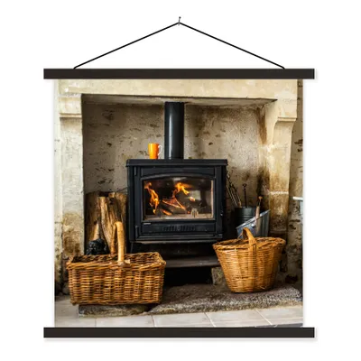 Produktbild von MuchoWow® Textilposter Kamin in einem Wohnzimmer 60x60 cm mit schwarzem Rahmen - Posteraufhänger