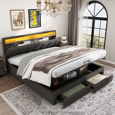 Image de OKWISH Lit Coffre Double 160x200 cm - Lit Hydraulique avec Grand Espace de Rangement et Tête de Lit LED Intégrée Sans Matelas - Gris