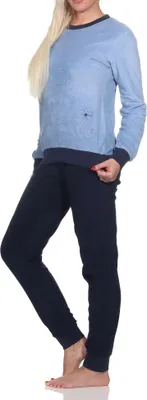 Produktbild von Damen Frottee langarm Schlafanzug Pyjama mit Bündchen - auch in Übergröße ; blau , 40