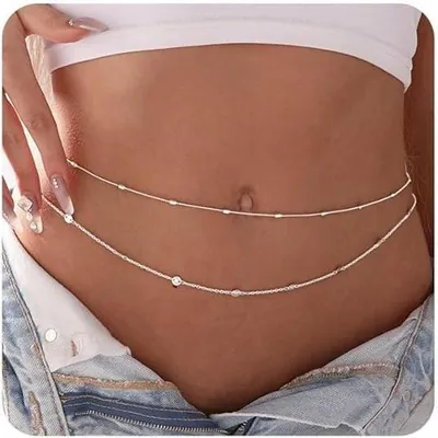Productafbeelding van Hebterrka 2 stuks parel-taillekettingen, zilveren buikketting voor dames, y lichaamsketting, gelaagde heupketting, verstelbare ketting, sieraden voor bikini, zilver, L