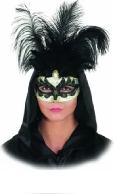 Produktbild von O46054 schwarz-gold Damen Venizianische Maske mit Federn