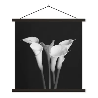 Produktbild von MuchoWow® Textilposter Eine Nahaufnahme von Calla-Lilien-Blüten auf schwarzem Hintergrund 90x90 cm mit schwarzem Rahmen - Magnetisches
