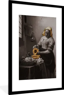 Produktbild von MuchoWow® MuchoWow® Gerahmtes Poster Das Milchmädchen - Johannes Vermeer - Gold 60x90 cm - Poster mit zchwarzem Bilderrahmen - Dekoration - Wandposter Wohnzimmer - Hochwertig