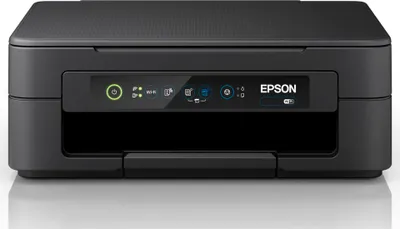 A front view of a black Epson Expression Home XP-2205 multifunction printer on a white and gray background.