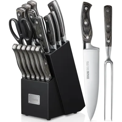 Produktbild von Messerblock Messerset 16-TLG Holzgriff Edelstahl Kochmesser Set Profi Küchenmesser mit Wetzstahl Küchenutensilien Holzblock Schwarz