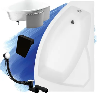 Image de Baignoire Acrylique 5en1 Asymétrique 130x85 Droite Blanche + Cabine Styrofoam + Appui-tête Noir, Siphon Premium Moderne et Cadre | BADLAND RIMA