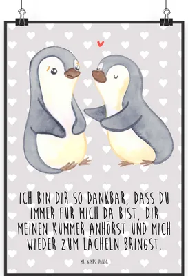 Produktbild von Mr. & Mrs. Panda Bild Pinguine trösten DIN A2 - Grau Pastell - Geschenk, Wandbild, für Frauen, Freundin, wanddruck, drucke, Valentinstag, Freund, Plakat, Hochzeitstag