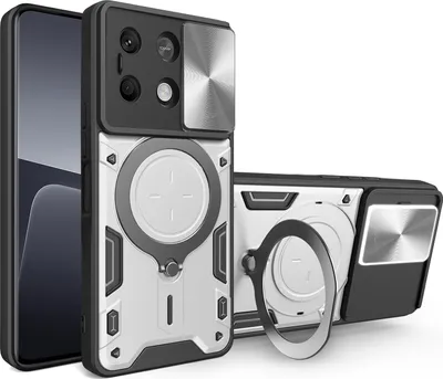 Immagine prodotto di Custodia per Xiaomi Redmi Note 13 5G a doppio strato con copertura della fotocamera e supporto ad anello Argento