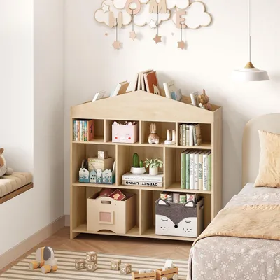 Produktbild von Kinderregal mit 9 Fächern,Burgdesign Spielzeugtruhe,Bücherregal Kinder,Standregal für Spielzeug und Bücher, Naturholzfarbe