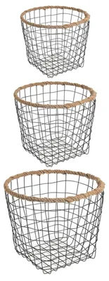 Produktbild von Metallkörbe SINO 3er Set schwarz mit Hanfgeflecht. Vielseitige Aufbewahrungskörbe, Obstkorb, Handtuchkorb, Gitterkorb Küche, Korb Metall