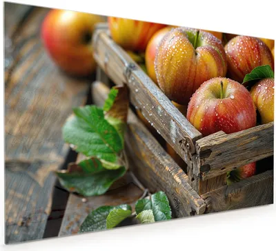 Produktbild von Küchenrückwand Spritzschutz Glas mit Motiv Äpfel Holzkiste 40 x 40 cm
