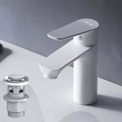 Produktbild von AM.PM Badarmatur mit Pop-Up Ablaufventil für Waschbecken Wasserhahn Bad Weiss Waschtischarmatur mit Ablaufgarnitur 1 1/4 Zoll Messing Ventil Ablauf