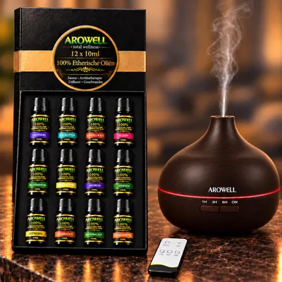 Productafbeelding van Arowell – Aromadiffuser 500 ml met 12 × 10 ml 100% Natuurlijke Etherische Oliën – Afstandsbediening, Timer & 7 LED Kleuren –  Aroma Diffuser