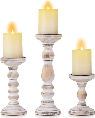 Produktbild von Kerzenhalter Holzsäulen-Kerzenhalter - Set aus 3 rustikalen weißen Shabby-Chic-Teelichthaltern - Hochzeitsmittelstücke Bauernhaus-Heimdekor