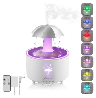 A white humidifier with an umbrella-shaped top, emitting mist, with various colored lights and a remote control.