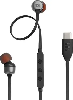 A pair of black JBL wired USB-C headphones with orange ear tips and a black USB-C connector.