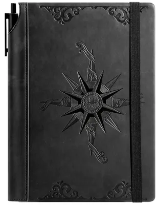 Productafbeelding van Notitieboek A5, kunstleer, reistageboek, hardcover, gelinieerd, zwart, met pennenhouder, 288 pagina's