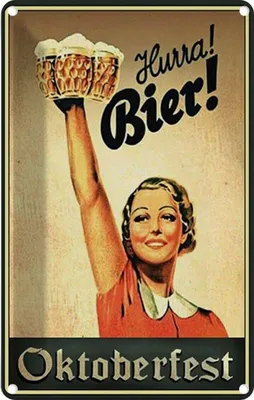 Produktbild von vianmo Blechschild 30x20 cm  Hurra Frau mit Bier Feiern Party