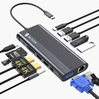 Produktbild von Siltcon® 14-in-1 USB-C Hub Dockingstation – 2x HDMI 4K, VGA, RJ45 Gigabit, PD 100 W, USB 3.1, SD/TF – Spacegrau