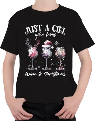 Produktbild von Just a girl who loves wine and christmas Weintrinker - Weihnachten Weihnachtsgeschenk Uni Kinder T-Shirt, Schwarz, 104