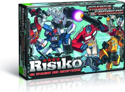 The image shows the front of a board game box featuring Transformers characters.