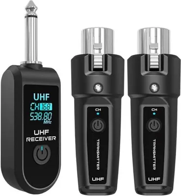 Produktbild von Wireless 2,4 GHz-System – 1 Empfänger + 2 Sender – Ladbar – Für Mikrofon, Mischpult, Gitarre & Bass